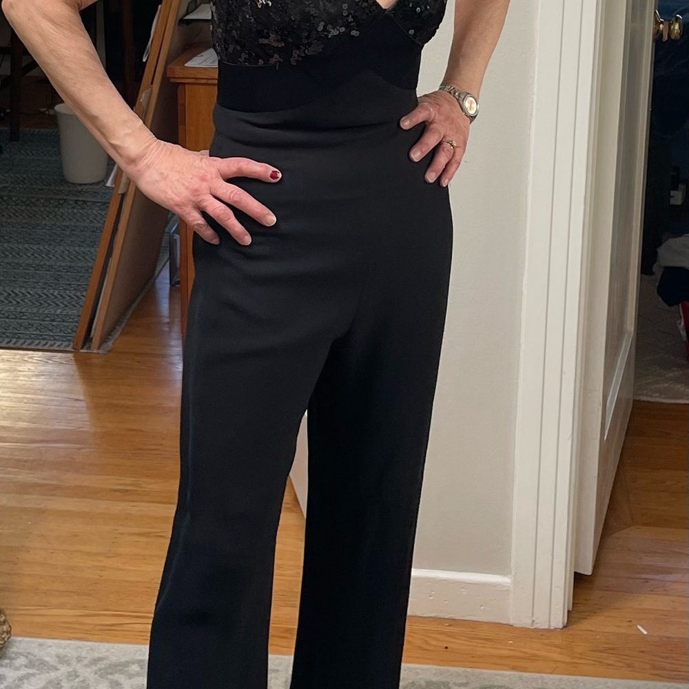 Escada black lace seq. jumpsuit with gold and black duster